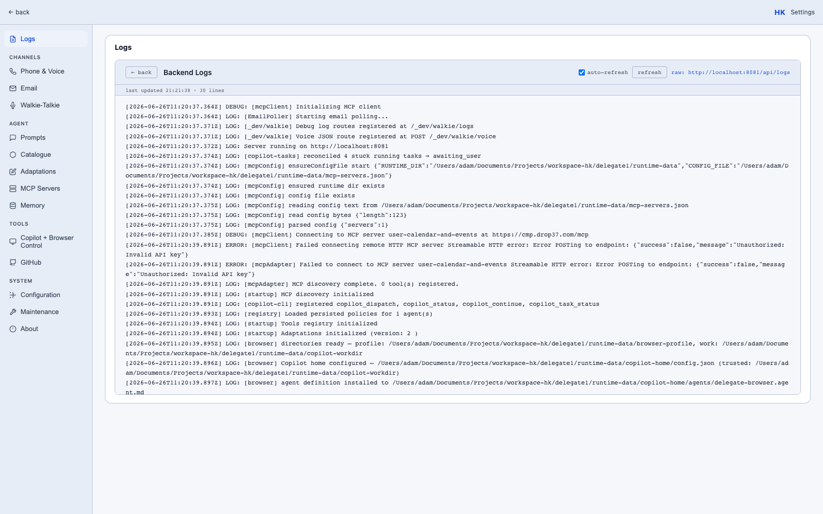 Settings page
